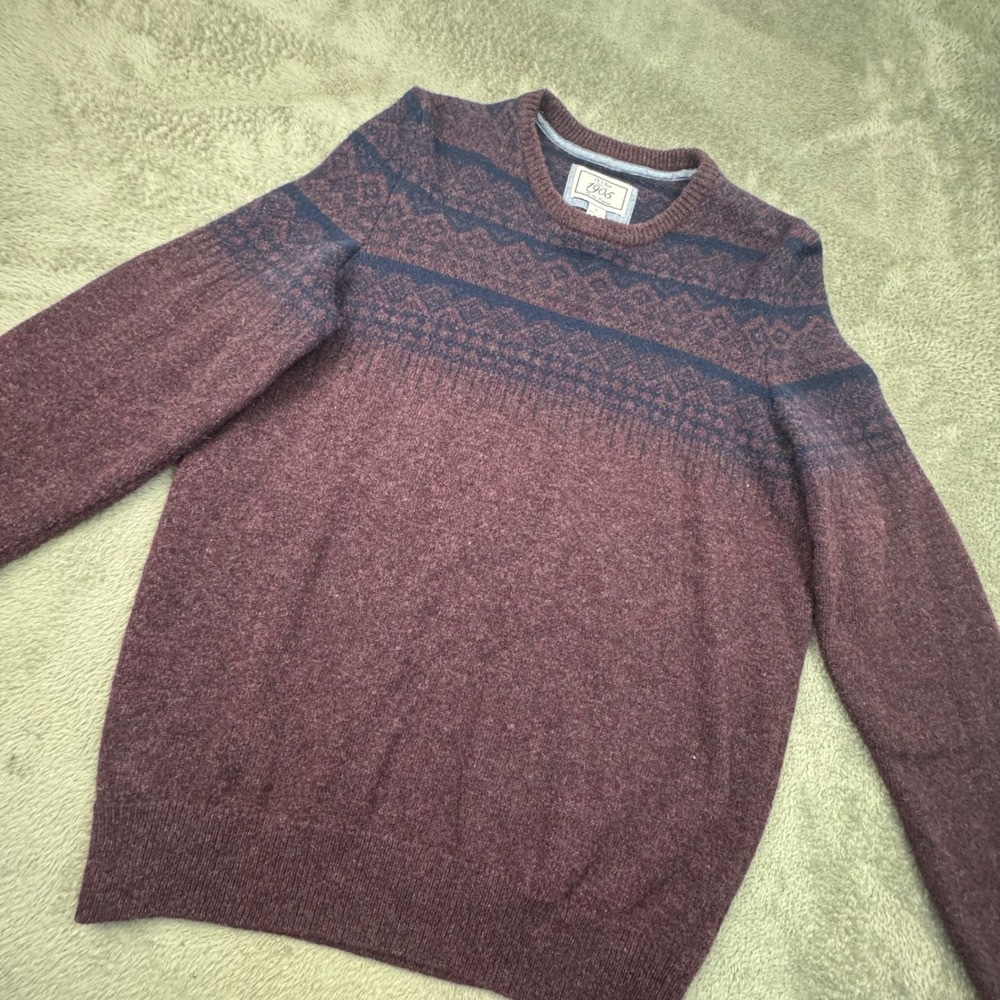 Jos. A. Bank Sweater Mens Large Burgundy Excellent Lambswool Fair Isle 1905 Crew